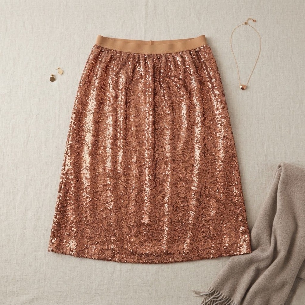 DR2 Sequin Skirt Womens Large Rose Gold Copper Midi A-Line Holiday Party Glam